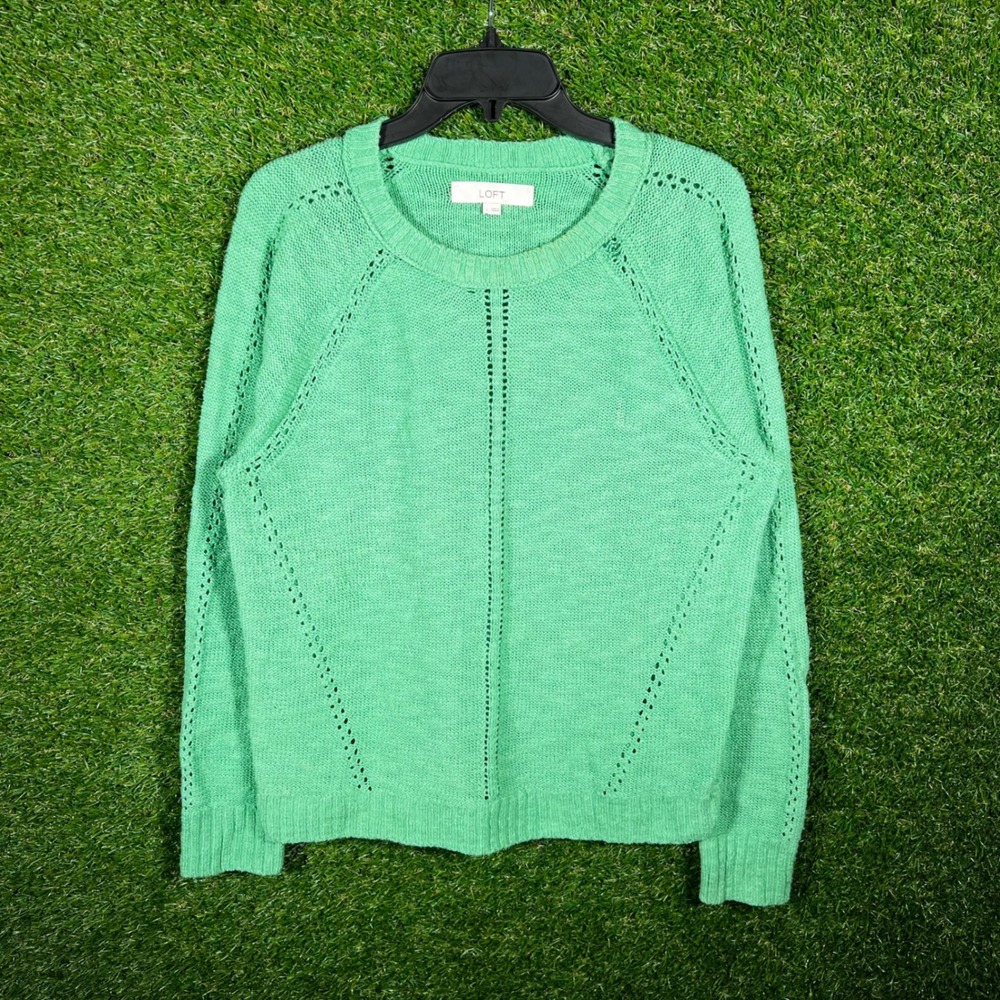 LOFT Womens Mint Green Pointelle Knit Crewneck Raglan Sweater Large 2030